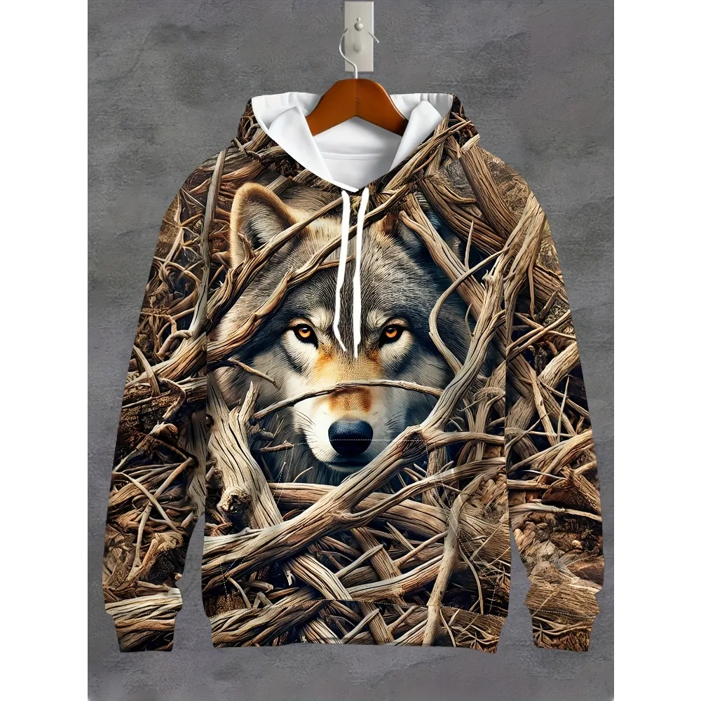 Men 3D All Over Print Winter Snow Forest Wolf Hoodie Wild Grey Wolf Scenery Loose Pullover Hooded Sweatshirt