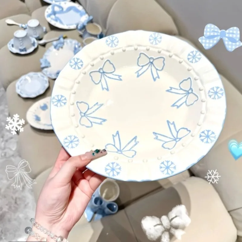 

Popular bow hand-painted underglaze color relief three-dimensional ceramic dinner plate