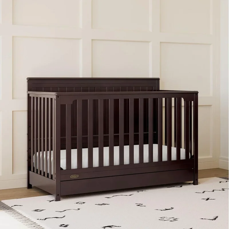 Hadley 5-in-1 Convertible Crib with Drawer (Espresso) – Combo, Includes Full-Size Nursery Storage  Conve