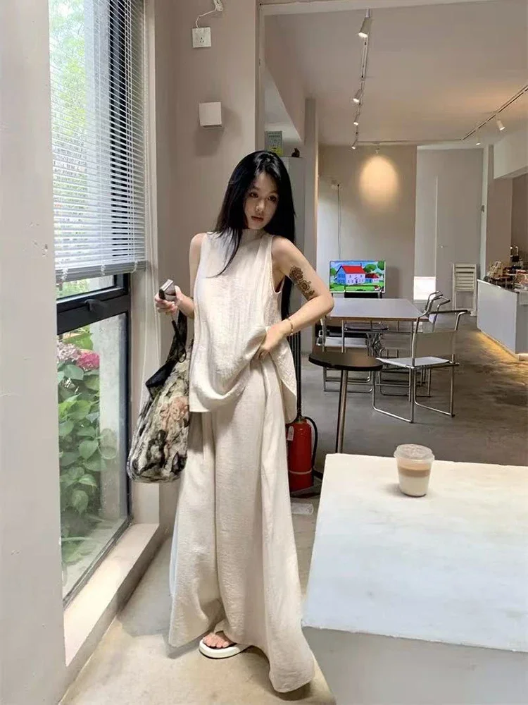 

Summer Loose Women Vest Wide Leg Pants 2 Piece Set Fashion O Neck Sleeveless Top Elastic High Waist Baggy Straight Trousers Suit