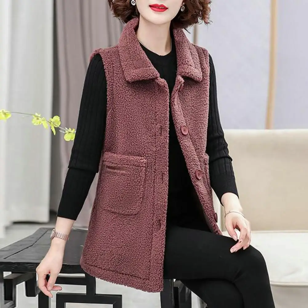 

Turn-down Collar Women Vest Polyester Women Vest Elegant Sherpa Vest for Women Dual Pockets Cold-resistant Waistcoat for Autumn