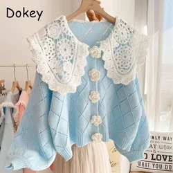 Vintage Hollow Out Peter Pan Collar Patchwork Sweaters Cardigans Women Autumn Sweet Preppy Flower Button Kawaii Knitted Jackets