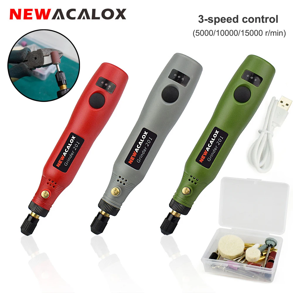 NEWACALOX-Kit de ferramentas rotativas sem fio de velocidade variável, carregamento USB, mini caneta gravadora, 26 acessórios para fresar, polimento, 10W