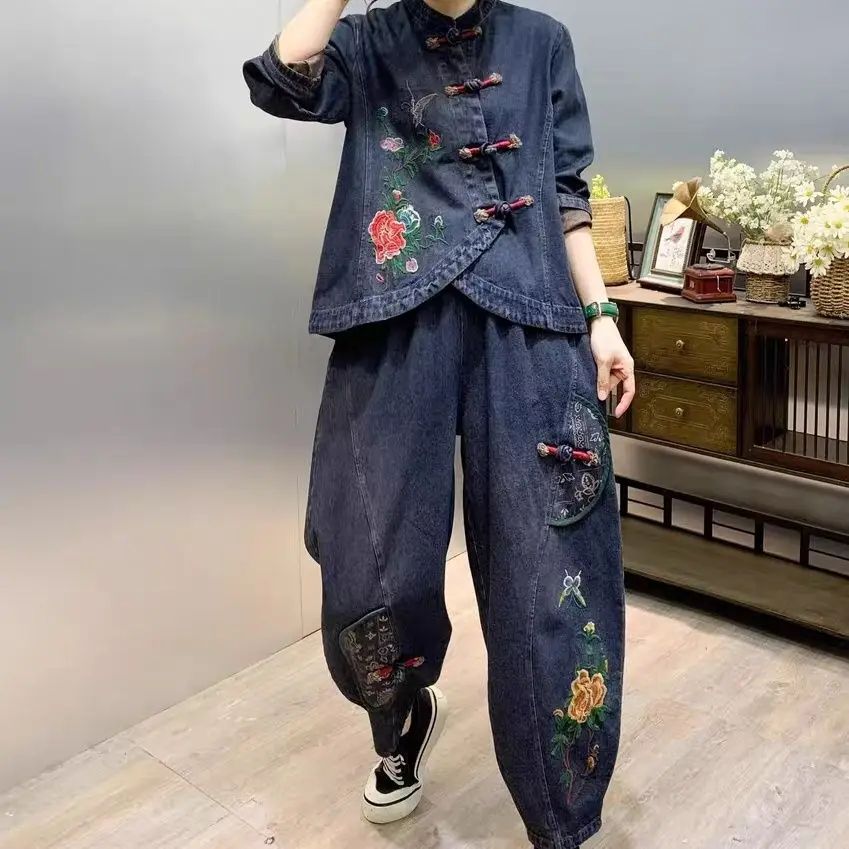 Ensemble deux pièces en denim brodé de fleurs pour femmes, bouton vintage, polyvalent, jeans à la mode, costume 3585