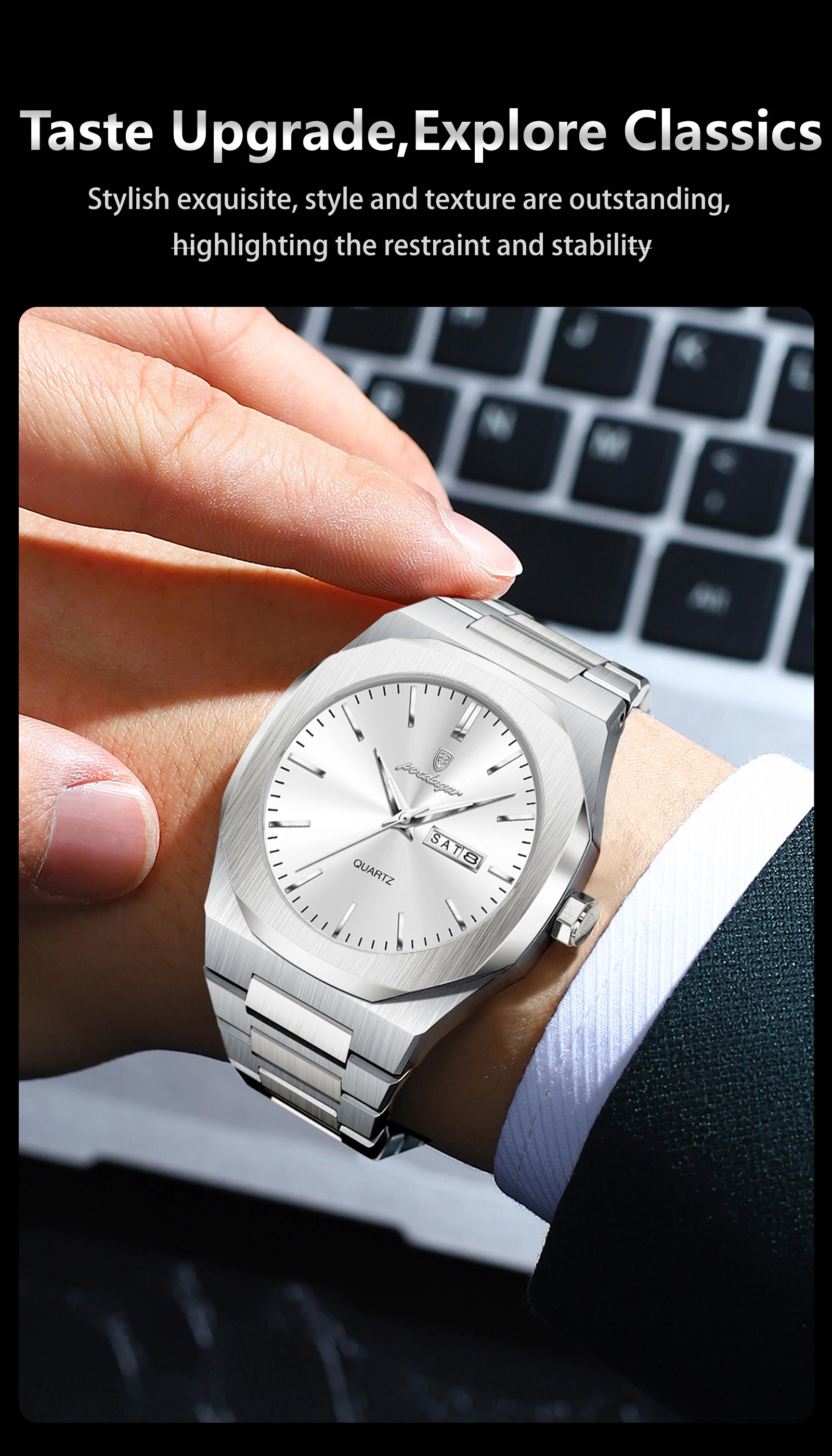 POEDAGAR Mode Marke Männliche Armbanduhr Wasserdicht Leucht Edelstahl Männer Uhr Datum Woche Casual Quarz herren Uhren Reloj – Detail 5