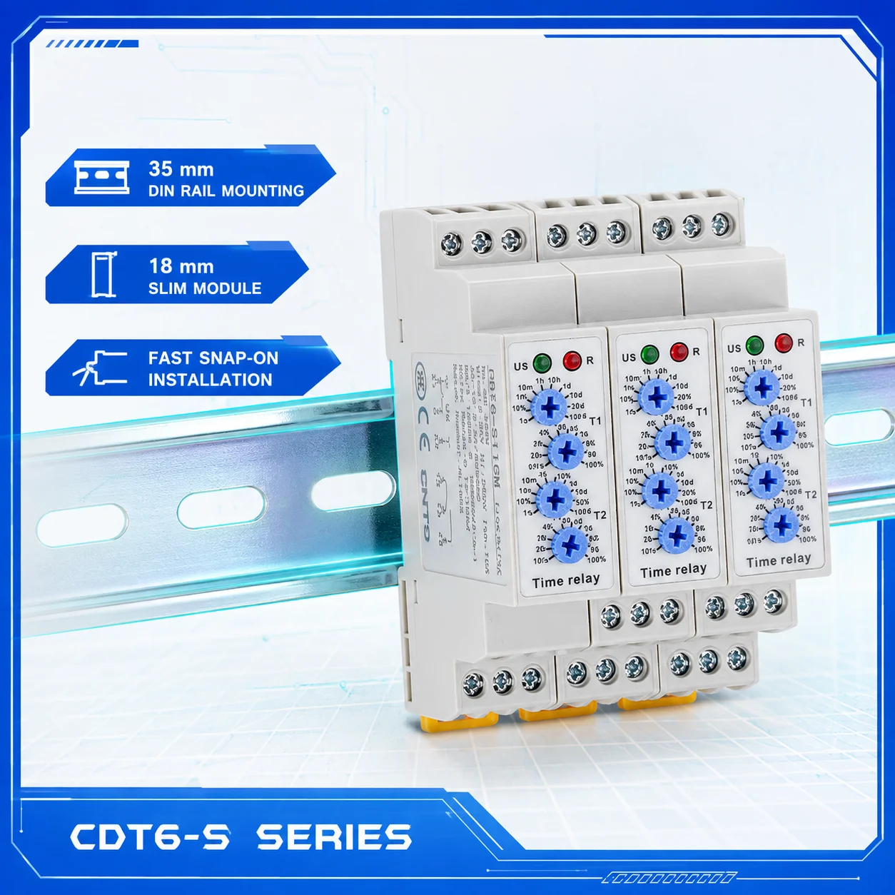 CNTD Time‑Delay Relay, CDT6‑S series DIN Rail Mount Power‑off Cycle Delay Type delay range 0.1s-10days CDT6‑S110M S116W S210M