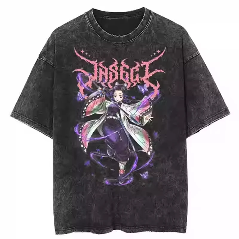 

2025 Men's Acid TShirt Streetwear Japanese Anime Graphic T Shirt Summer Washed Black Tshirt Harajuku Cotton Tees Tops