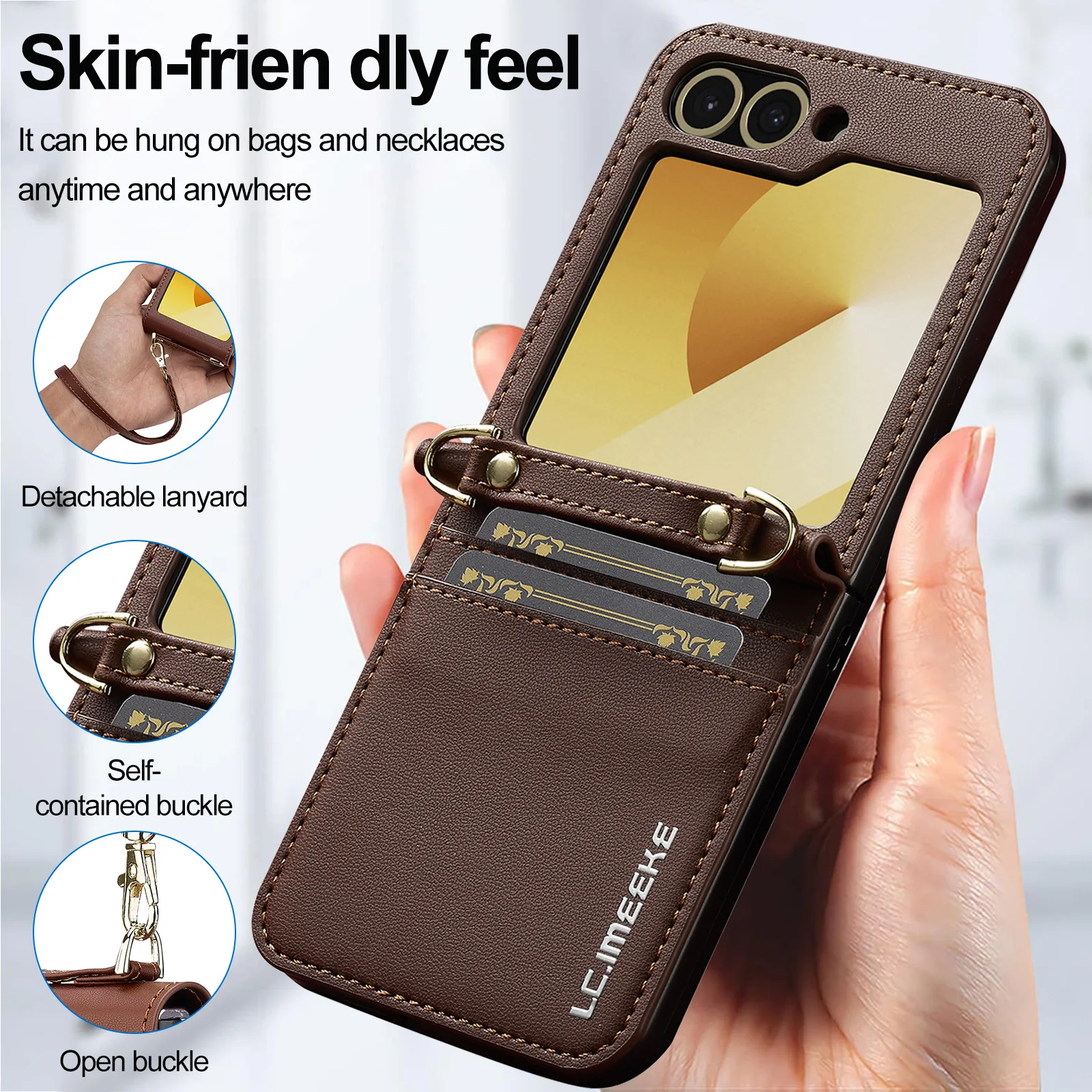 For Samsung Galaxy Z Flip 7 6 5 4 5G Case Luxury Skin Friendly Matte Leather Insert Card Bag Flip Cover with Long Short Lanyard