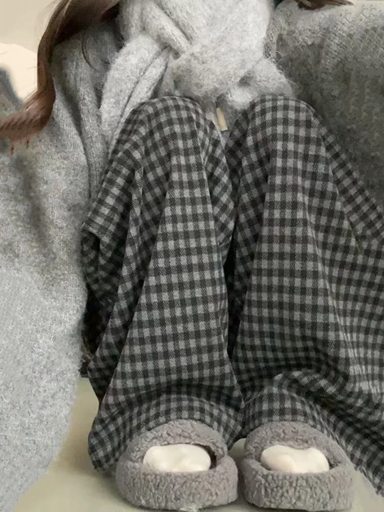 منقوشة واسعة الساق السراويل للنساء الشتاء سميكة الدافئة فضفاضة سراويل للجري الإناث عالية الخصر الشارع الشهير كل مباراة السراويل المستقيمة