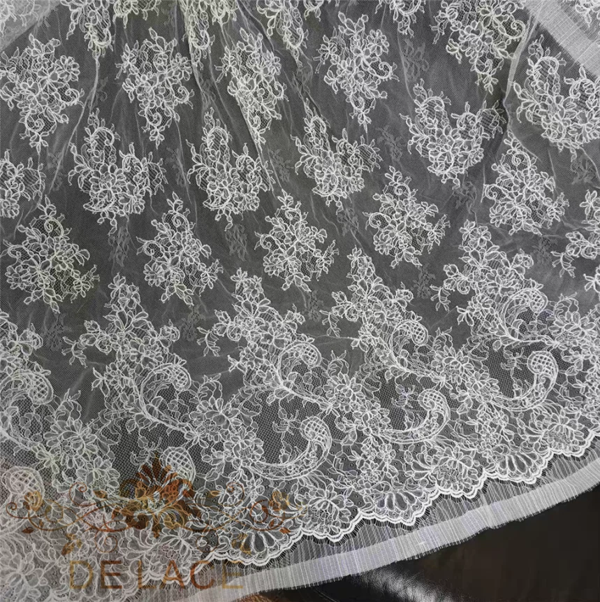 

JZQ Chantilly French Embroidered Bridal Floral Lace With Cords Delicate Eyelash Corded Lace Wedding Dress Lace Fabric