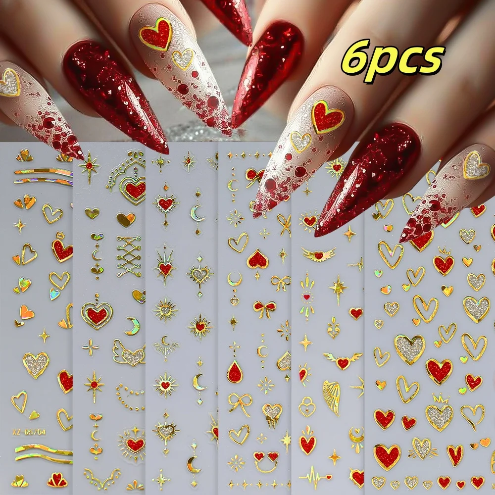 6 pezzi adesivi per unghie a forma di cuore Y2K cuori in lamina d'oro laser rosso con decalcomanie per unghie con glitter fini tema d'amore forniture per unghie romantiche *