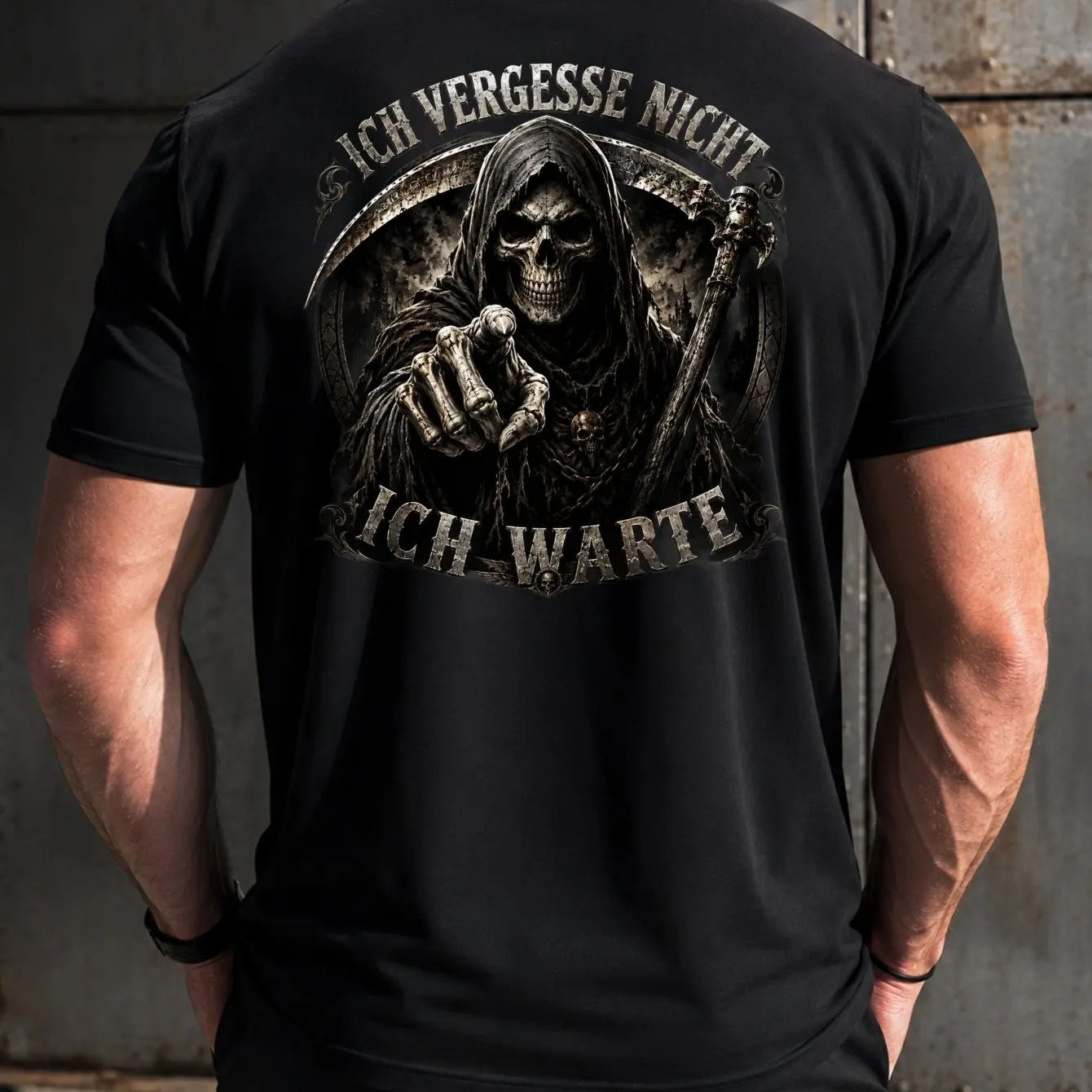 Men'S I Don'T Forget I Wait T-Shirt Grim Reaper Pointing with Scythe Dark Gothic Humor Style Back Print