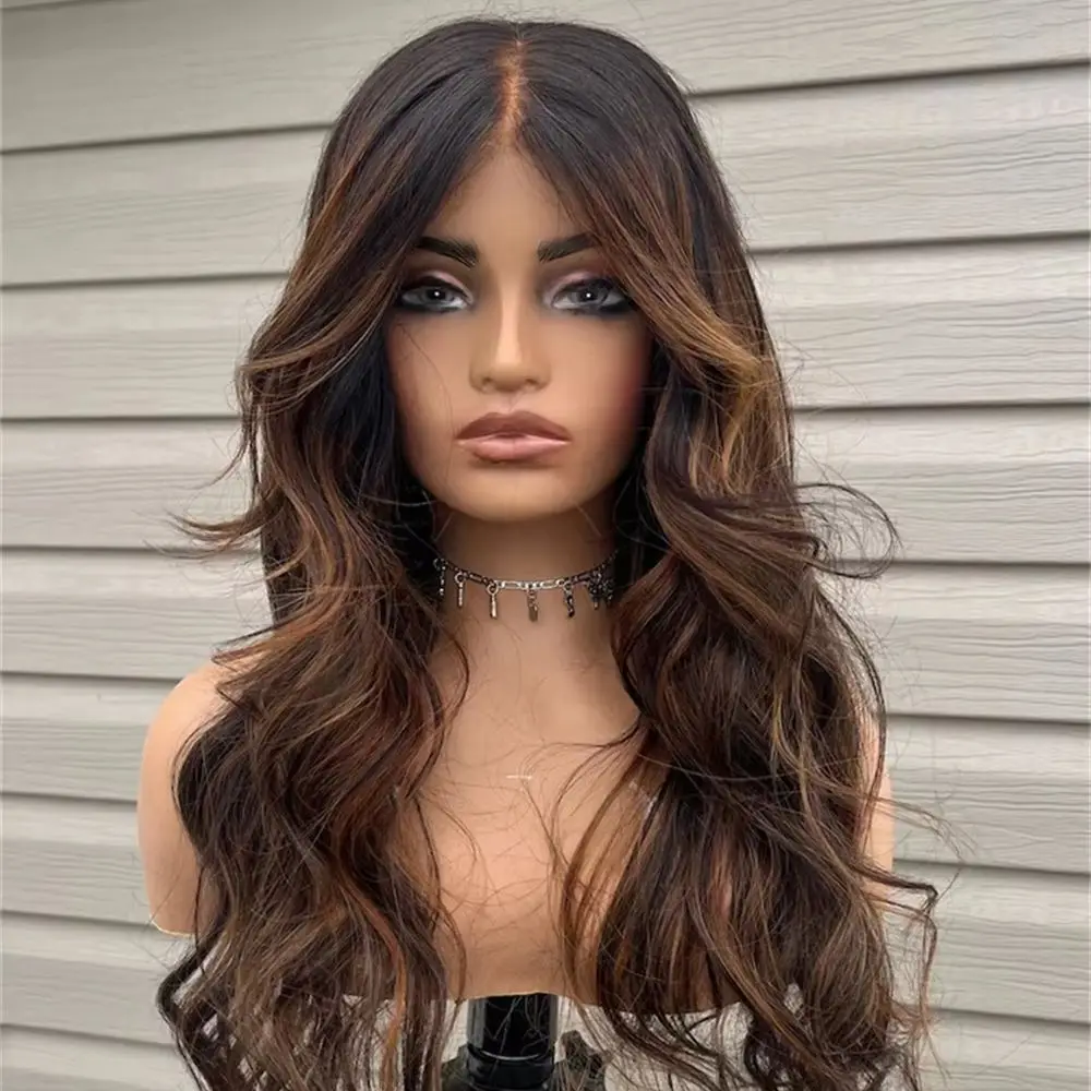 Trendy Wigs Ombre Dark Brown HD Lace Front Wig Synthetic Hair Wig for Women Soft Long Body Wave Wig Preplucked Hairline 24 Inch