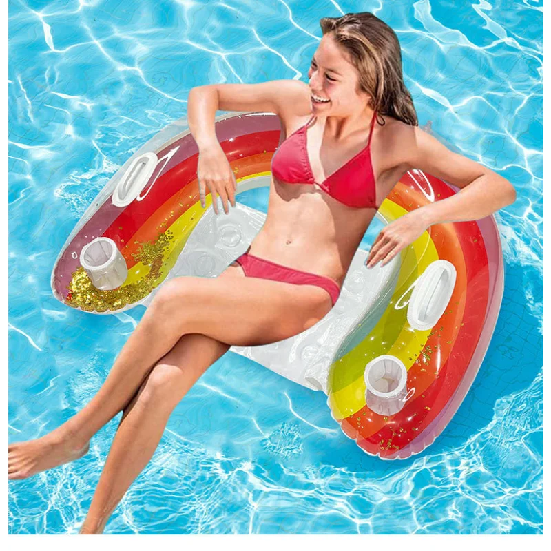 ‌ Colchoneta flotante de agua brillante – Tumbona inflable con ranura para bebidas – Esencial para fiestas en la playa/piscina – Diseño portátil y de secado rápido