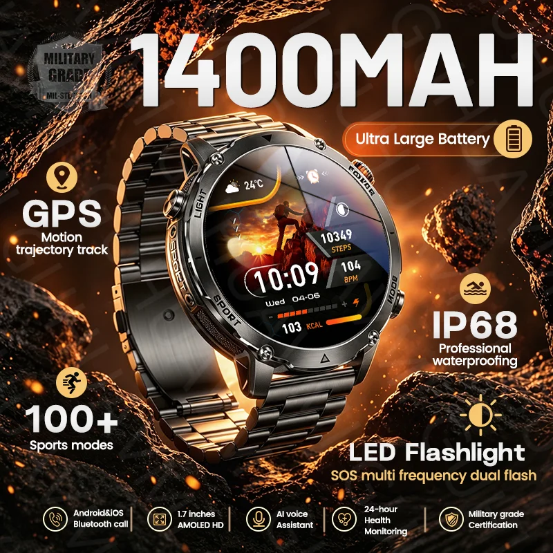 2026 New Military Men Smart Watch 1400mAh Battery GPS SOS Flashlight IP68 Waterproof Bluetooth Call AMOLED HD Sports Smartwatch
