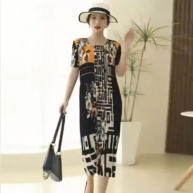 

Elegant O-Neck Printed Spliced Folds Party Dress Women's Clothing Summer New Loose Office Lady Ladies Dresses