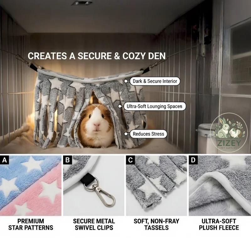 Meerschweinchen-Eck-Fleece-Versteck mit Hängevorhang und Quasten, Hängematte, Haustierbett für Kaninchen, Chinchilla, Frettchen, Ratte, Käfigdekoration – Detail 7