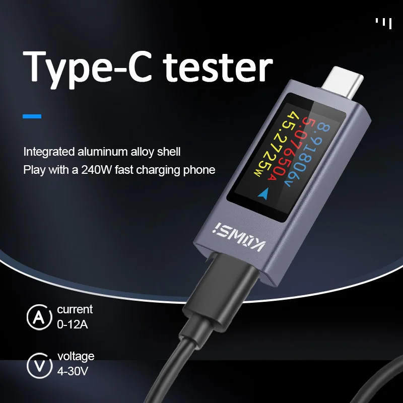 DC 4-30V 12A Voltage Meter Current Voltage Capacity Battery Tester Type-C Volt Current Voltage Charger Capacity Tester Meter