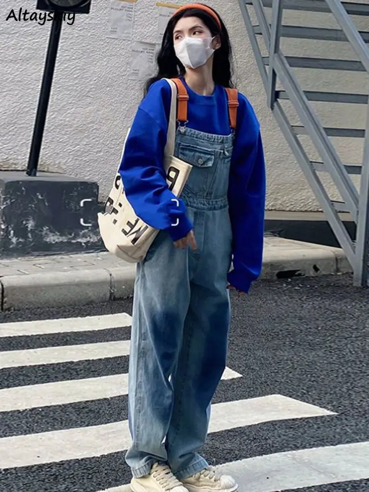 

Denim Jumpsuits Women Panelled Temper Baggy Streetwear Casual Wide Leg Trousers Chic Fashion Korean Style Pockets Teens Summer