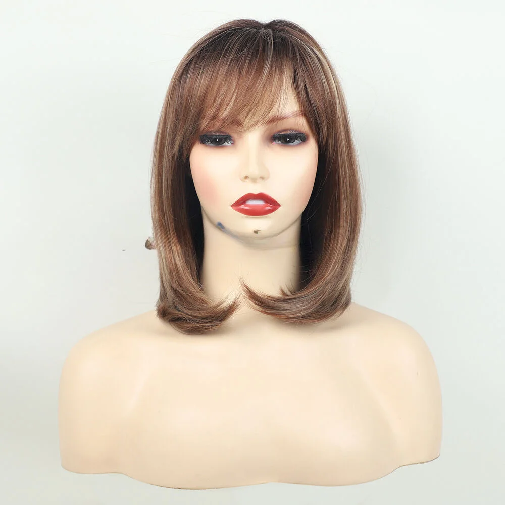 

Chic Bob Hairstyle Brown Mix Human Hair Blend Heat OK Synthetic Women Soft Natural Wig