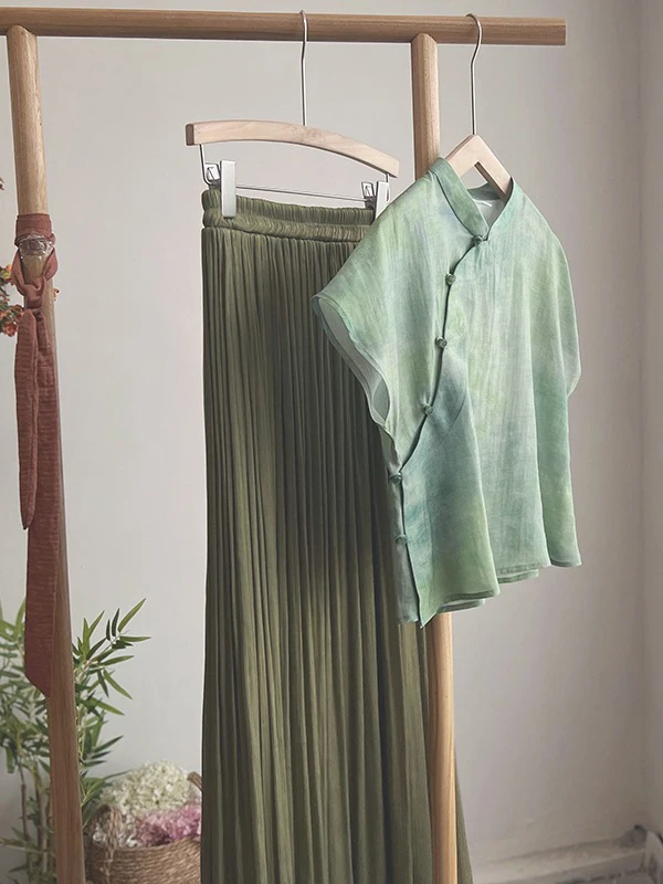 Retro Dyed Print Cotton Linen irt Women Summer New Chinese Sle Zen Tea Service Fly Sve Linen Small Top Upper Apparel