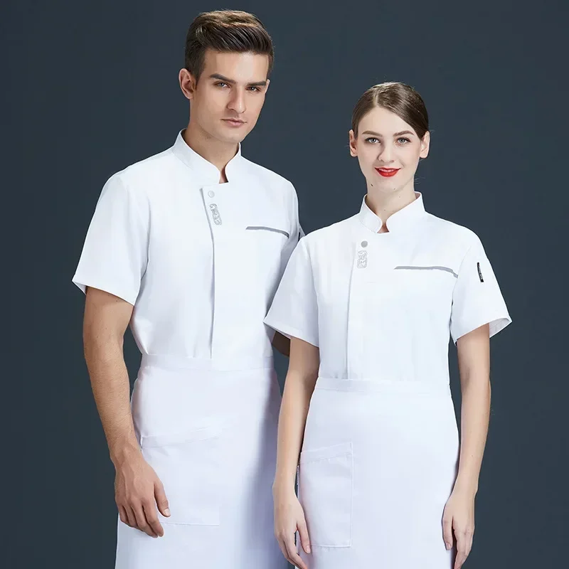 Jaqueta de chef masculina, hotel, restaurante, cozinha, casaco de chef, manga curta, uniforme de cozinha, verão, catering, gola, serviço de comida, roupa de trabalho