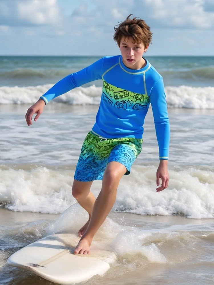 

Детский купальник для мальчиков 2026: Новинка, синий градиент, принт игровой консоли, длинные рукава, летний пляжный костюм, шорты, купальные шорты