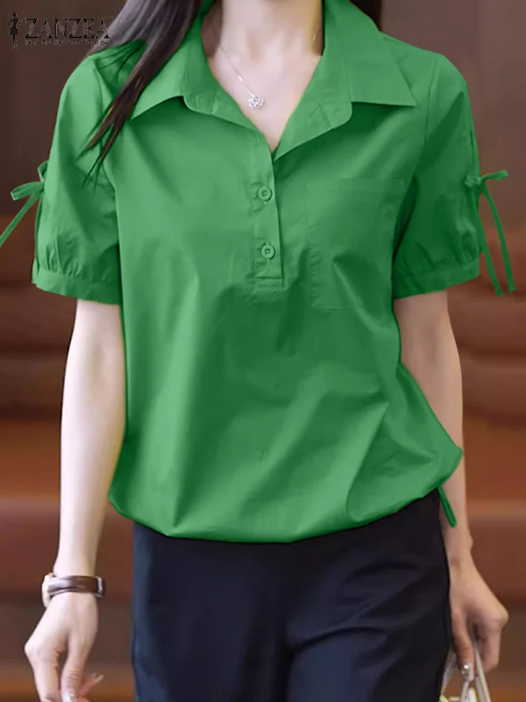

ZANZEA Women Short Puff Sleeve Tops Casual 2025 Summer Solid Color Lapel Neck Blouses Commuting Lace-Up Street Fashion Shirts