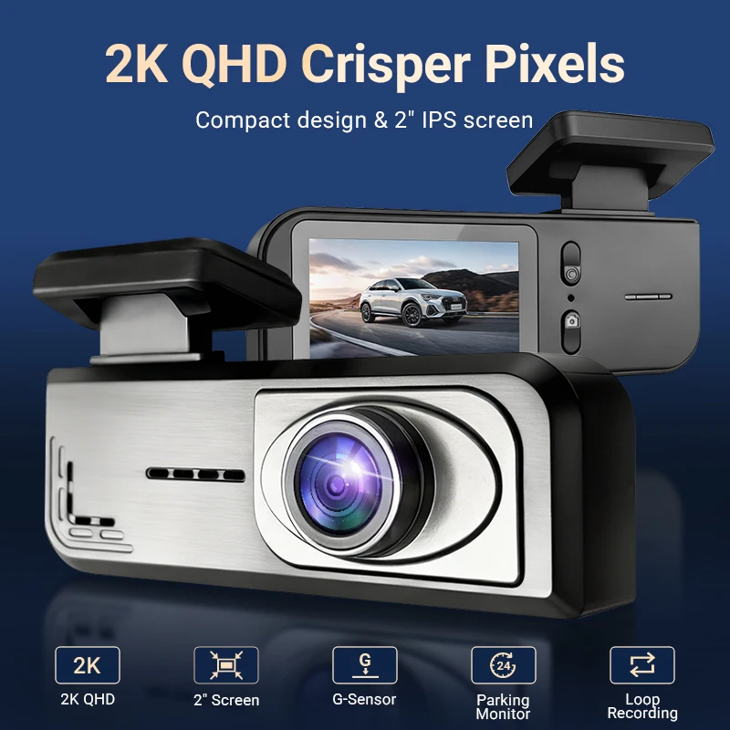 Dual Dash Cam, 2K QHD Recording , Car Camera DVR, Night Vision Video Recorder, Built-In Wi-Fi, 2 inch Display, 24H Parking Mode