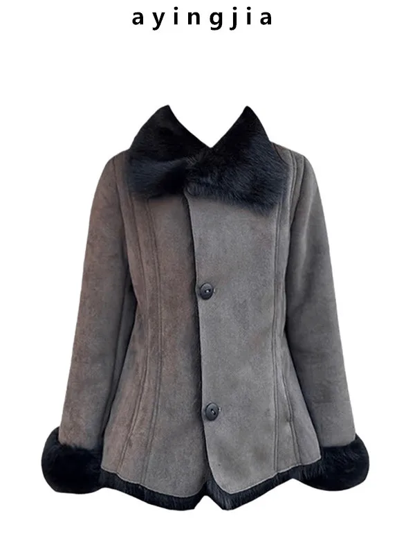 

Eurasian Retro Sle Women's Faux Fur Coat Slim Fit Collar Slanted Zipper Closure Eco-friendly Leather Autumn Winter Outerwear