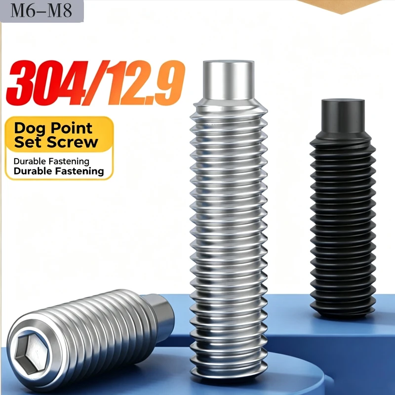 12.9 Grade DIN915 Hex Socket Dog Point Set Screws, Headless Cylindrical Tip Grub Screws M5 M6 for Machinery Positioning 20/100Pc