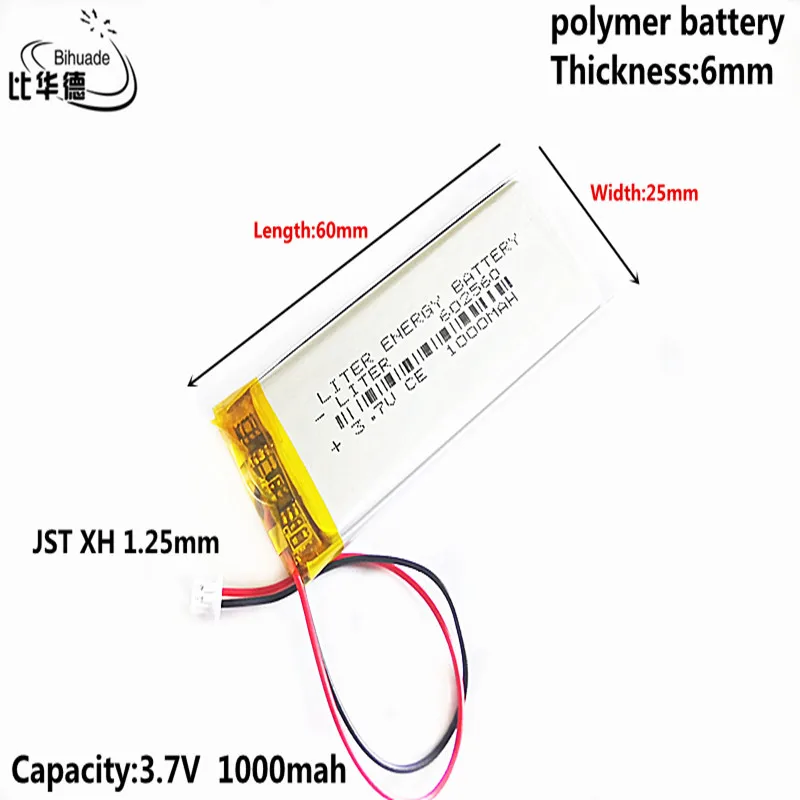 new JST XH 1.25mm 3.7V 1000MAH 602560 Lithium Polymer LiPo Rechargeable Battery For Mp3 headphone PAD DVD bluetooth camera