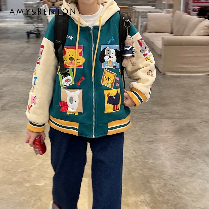 

2024 New Japanese Autumn Street Cartoon Embroidery Heavy Industry Baseball Jersey Versatile College Style Jacket For Women