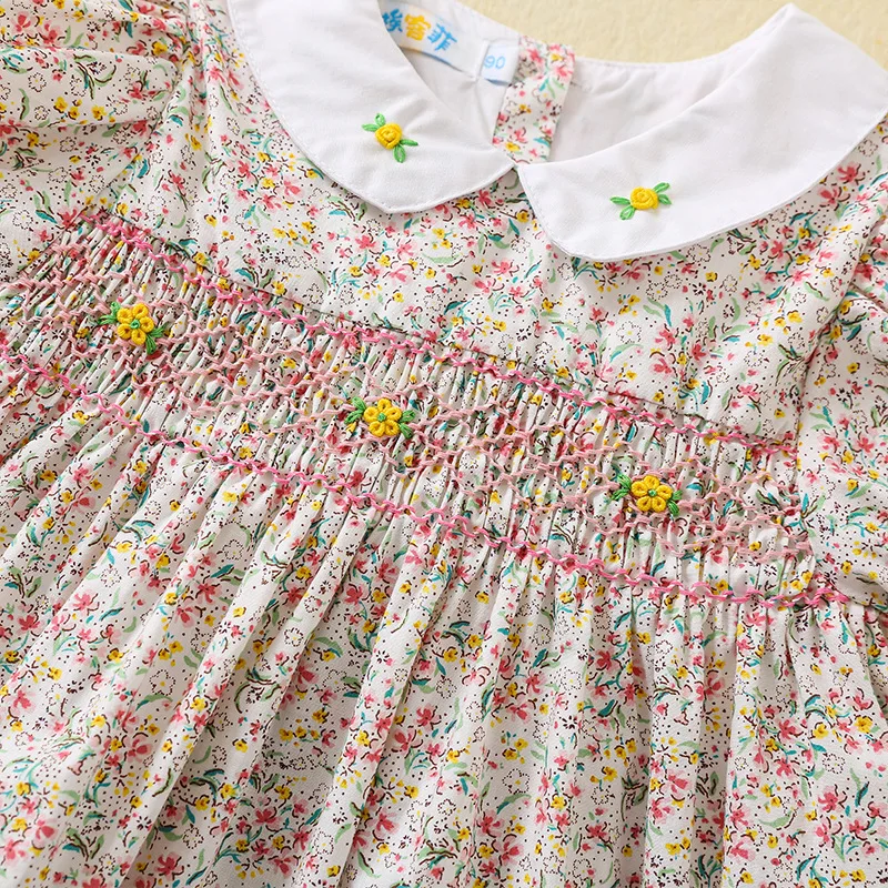 2024 New Little Girls Smock Short Sleeves Dress Children\'s Flower Smocking Dresses Embroidery Summer Baby Floral Frock Kids