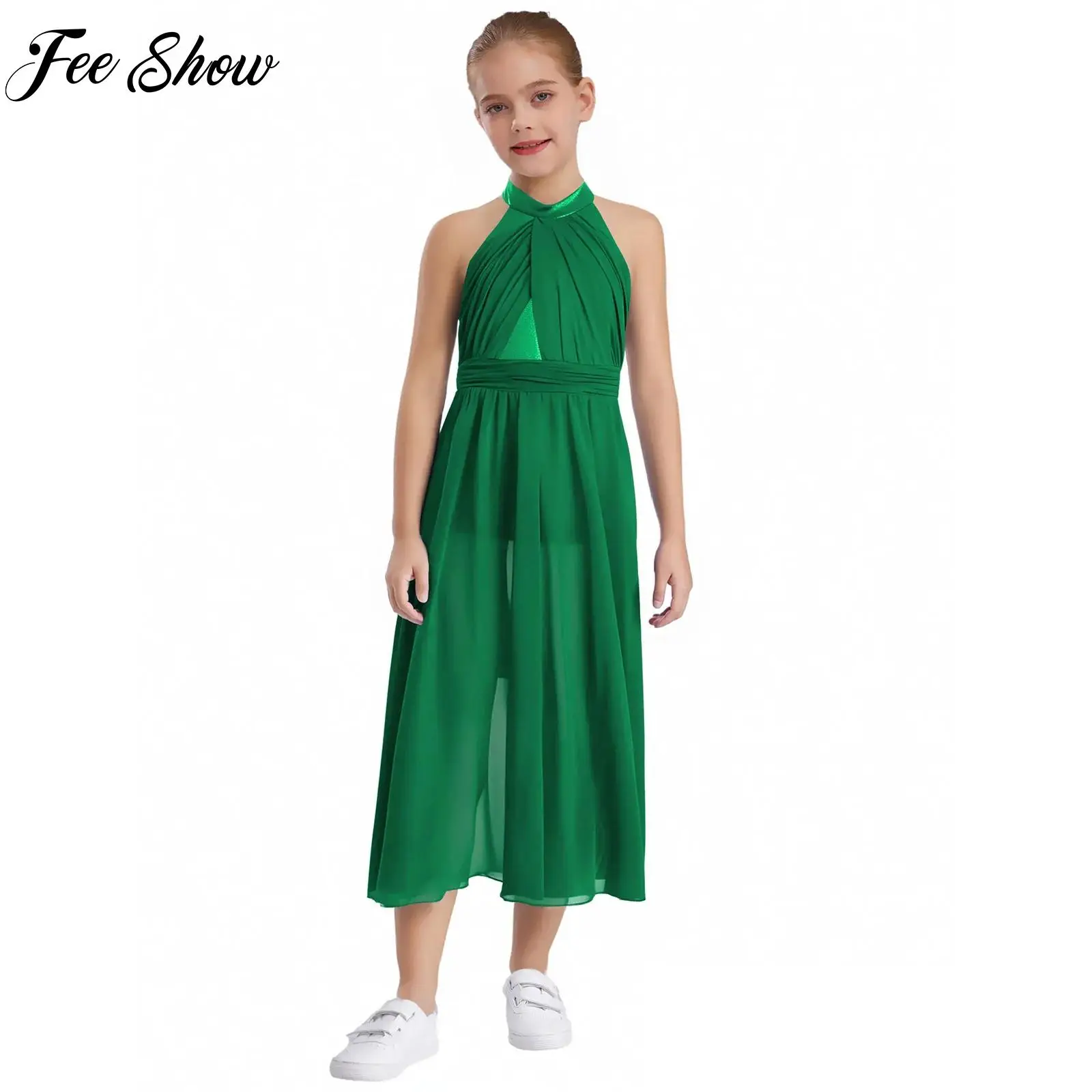 

Kid Girl Modern Lyrical Dance Dress Contemporary Dress Sleeveless Split Chiffon Skirted Leotard Performance Fashion Costumes