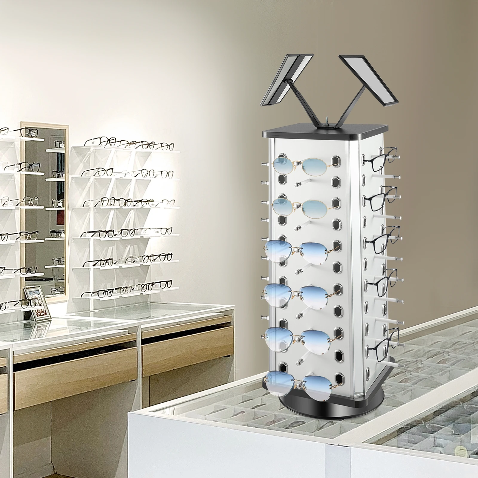 

44 Pairs Sunglasses Eyeglasses Display Stand Show Holder With Mirror 360° Rotate Square Aluminum Spinning Rack with Mirror