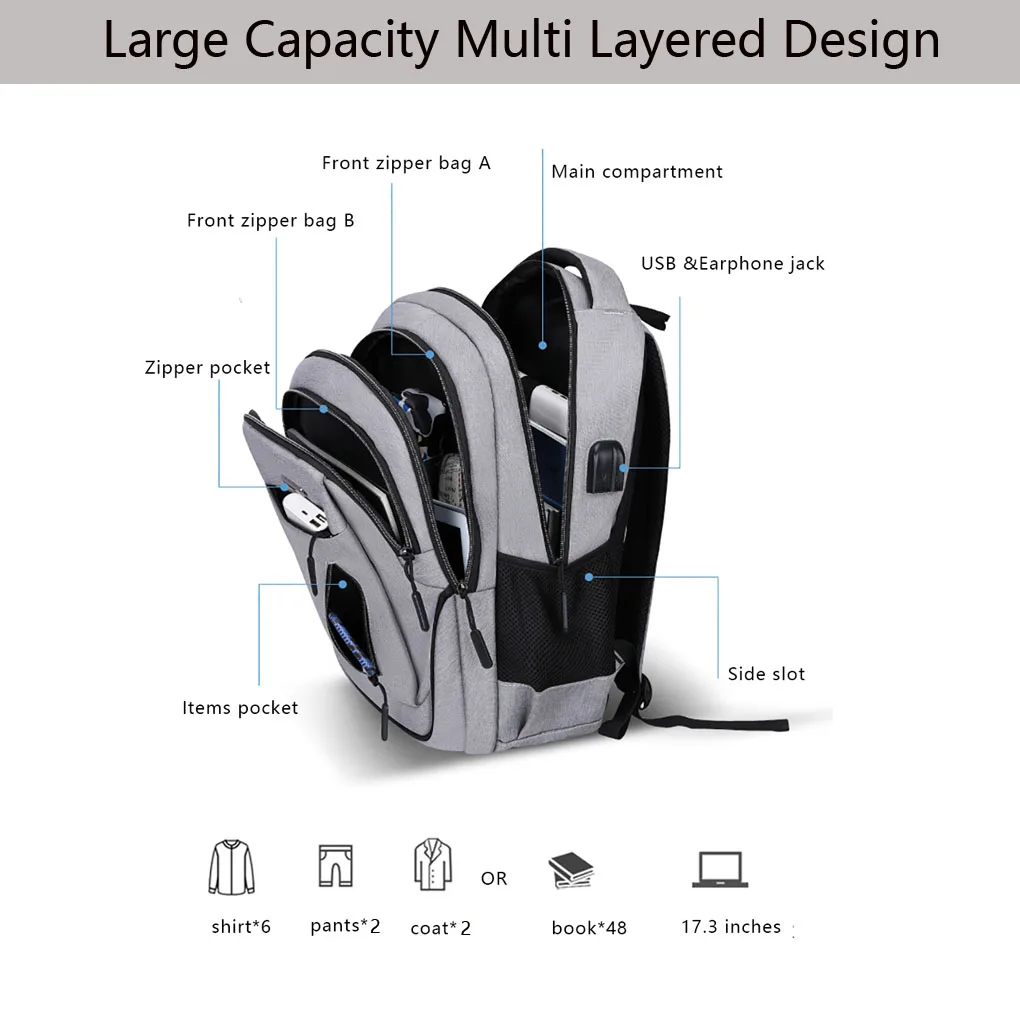 Sac à dos pour hommes, chargeur USB, grande capacité, multicouche, fendu, loisirs, mode, voyage en plein air, sport, affaires, sacs d'école