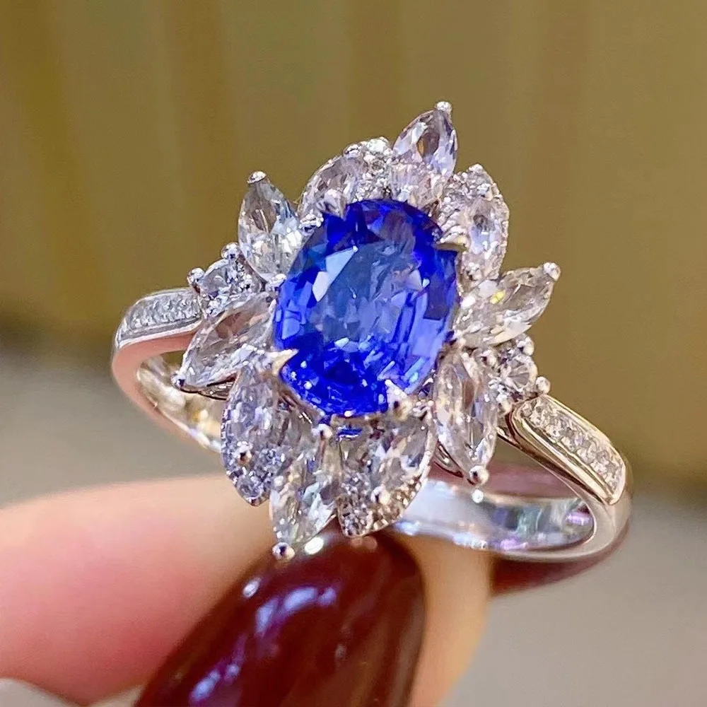 Luxury Cluster-set Marquise 5A Zircon Oval Imitation Sapphire Zircon Rings for Women High Quality Banquet Party Jewelry Gifts