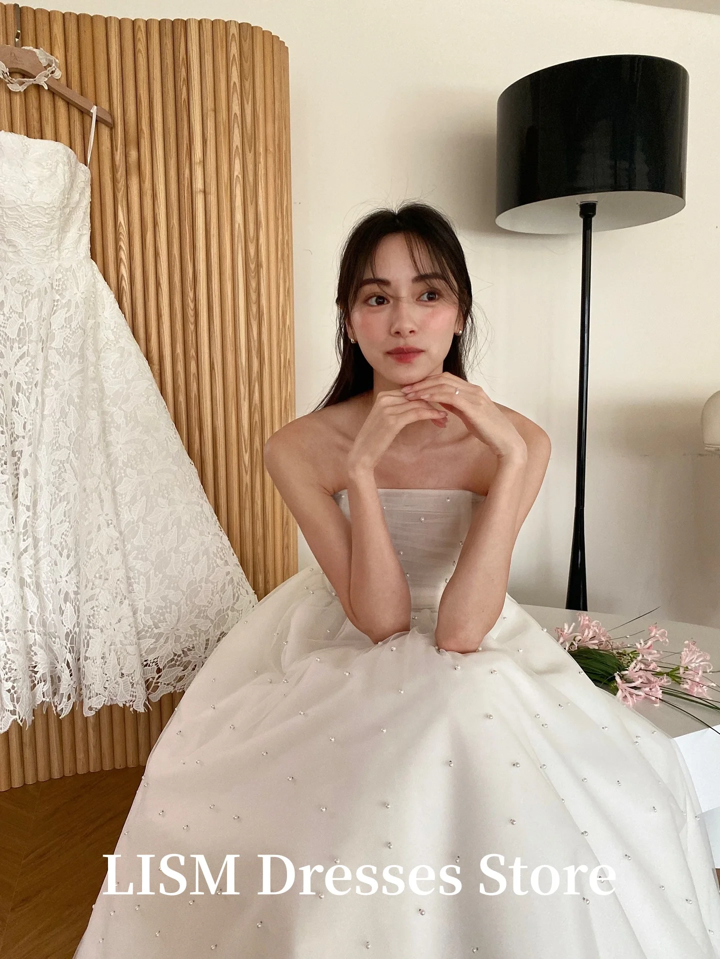 LISM Strapless A-lijn Korea Trouwjurken Parels Zijde Tule Aangepaste Elegante Bruidsjurken SEOanke Lj Tinggi Lange Jurk Voor Bruid