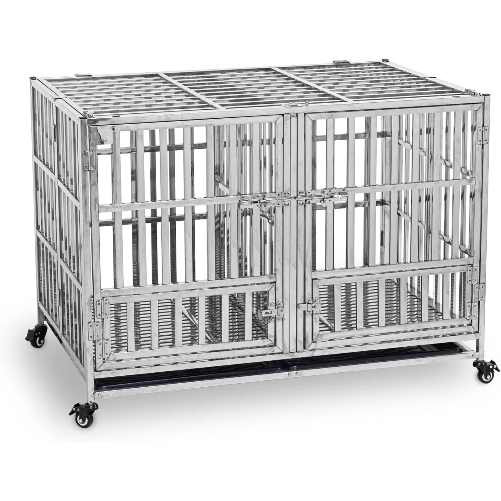 

US 48" Heavy Duty Dog Cage Foldable Stackable Stainless Steel Kennel Cage for Small Dogs with Floor Grid, Tray, Divider