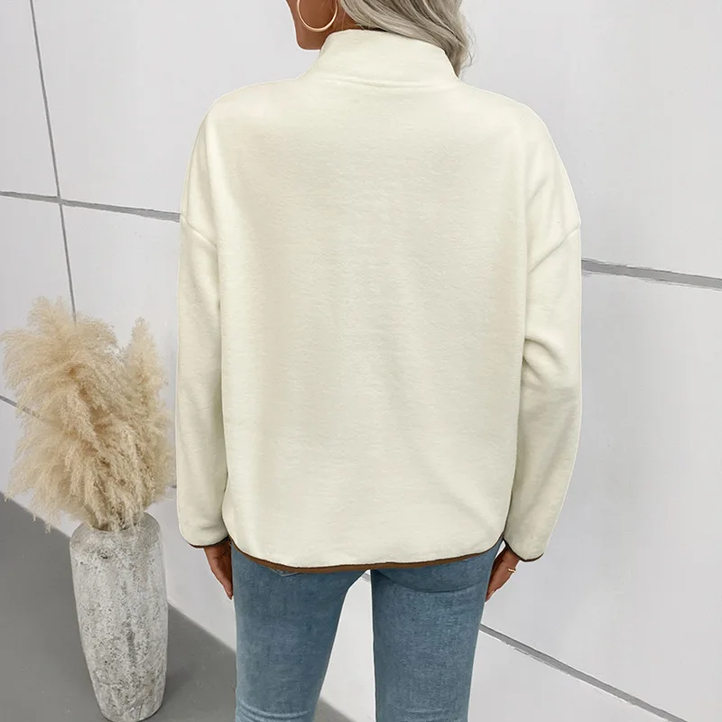 2025 Autumn and Winter New Product, Women's Velvet Short Standing Collar Casual Jacket Color Blocking Fleece Cardigan