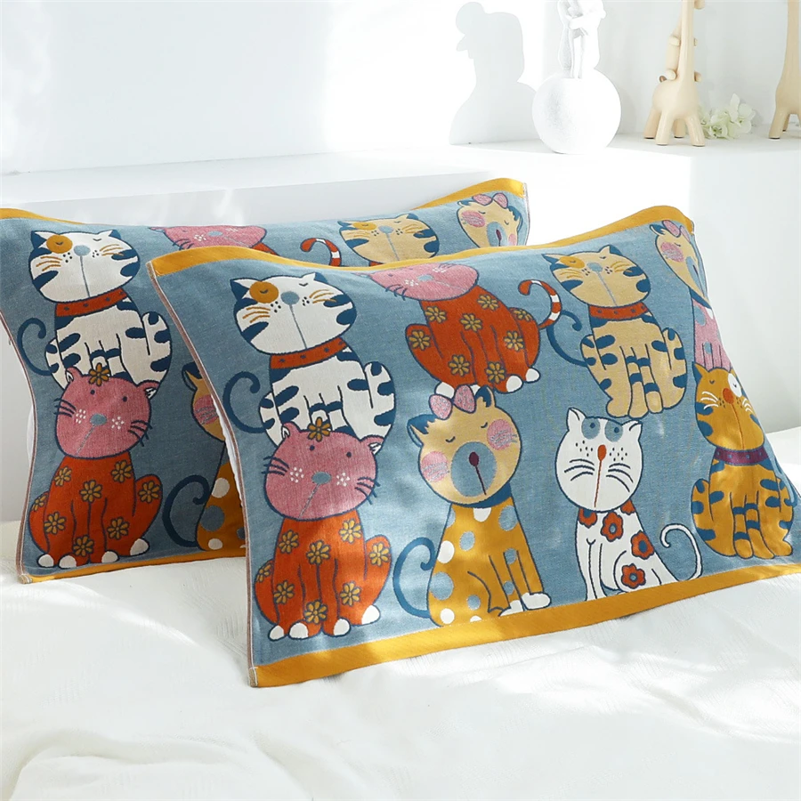 Cartoon Cats Cotton Pillow Towel for Children and Adult, Non-slip Yarn-dyed Jacquard, 52*75 cm, 1 pcs