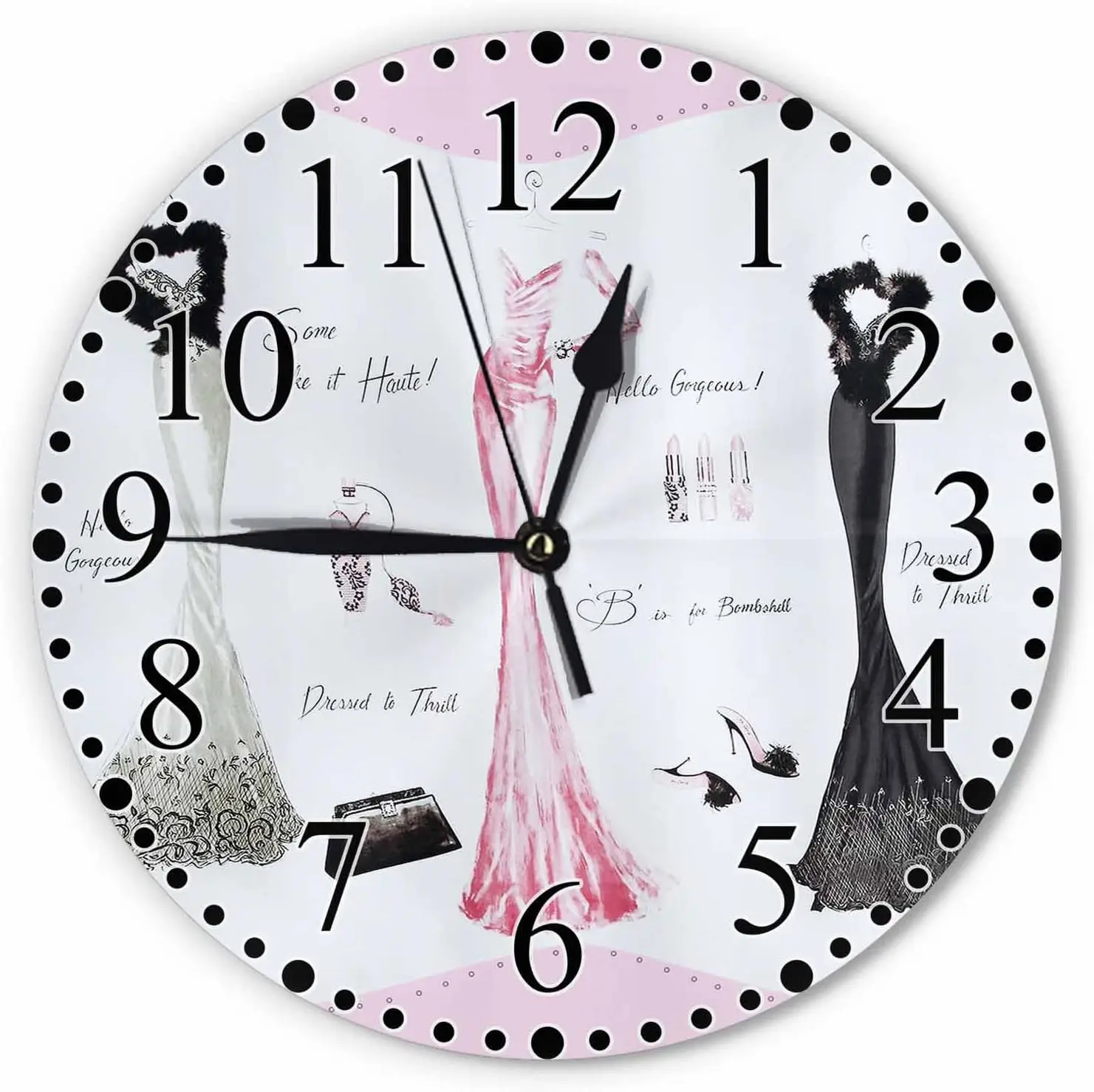 Haute Dresses Wall Clock White Black Subtle Pink Elegant Shoes Bags Clock 10 Inch Silent Non-Ticking Clocks Battery Operated
