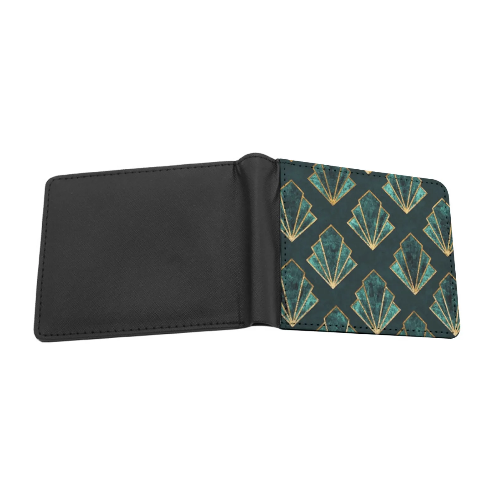 Art Deco Pattern In Emerald Green And Gold Personalized Men's Leather Wallet Credit Card Pouch Purse Art Pattern Emerald Green