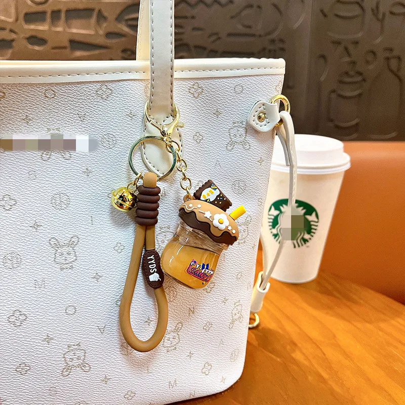 Creative Simulation Floating Keychain Cute Liquid Milk Tea Bottle Keyring Women Summer Bag Key Holder