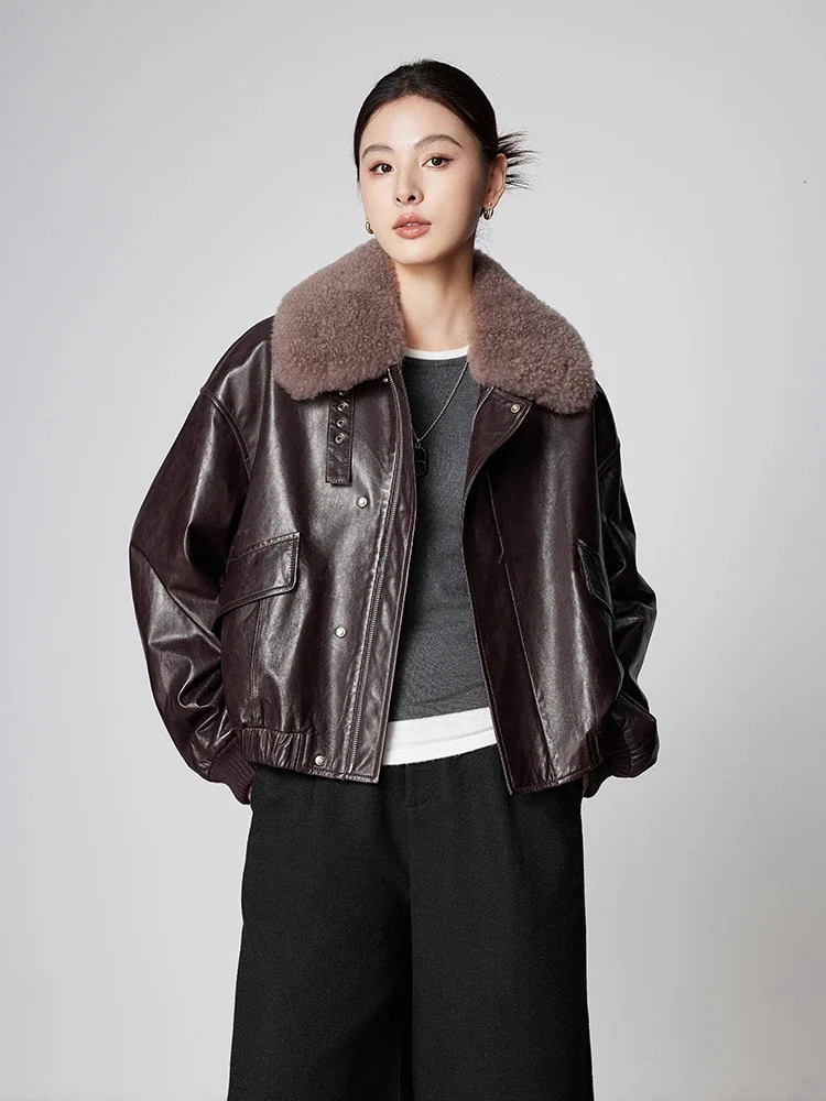 

High-end Luxury Natural Wool Fur Collar Real Sheepskin Winter Coat Women 2026 New Simple Short Genuine Leather Camel Down Jacket