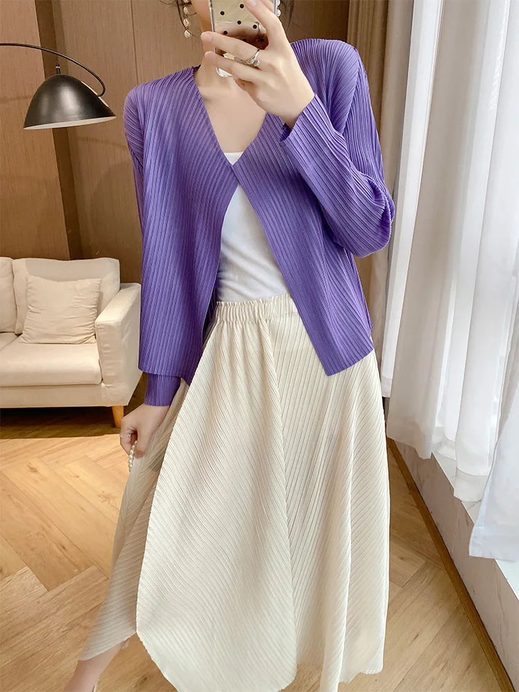 

Summer Fashion Purple Versatile Long Sleeve Open Cardigan Minimalist High Waist Half Skirt Pleated Set Three Houses Art Creation