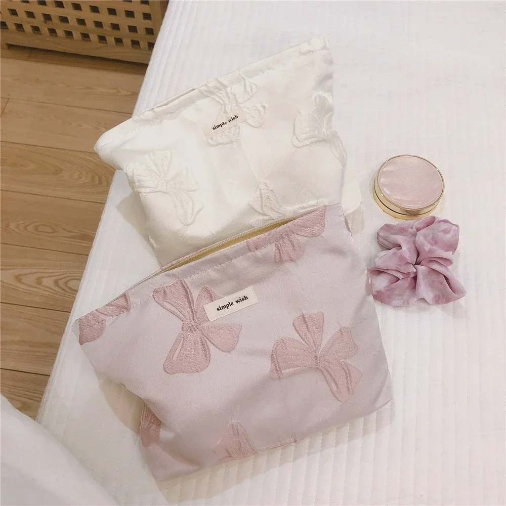 Korean Kawaii Bow Cute Women\'s Cosmetic Bag Cute Beauty Case Zipper Organizer Pouch for Makeup Cotton Clutch Bags Pencil Case