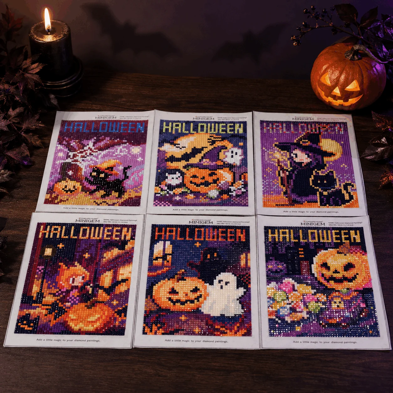 6‑in‑one Cute Spooky Halloween Pixel‑art Diamond Painting Set. Full Square Resin Drills with Shimmer AB Diamonds.