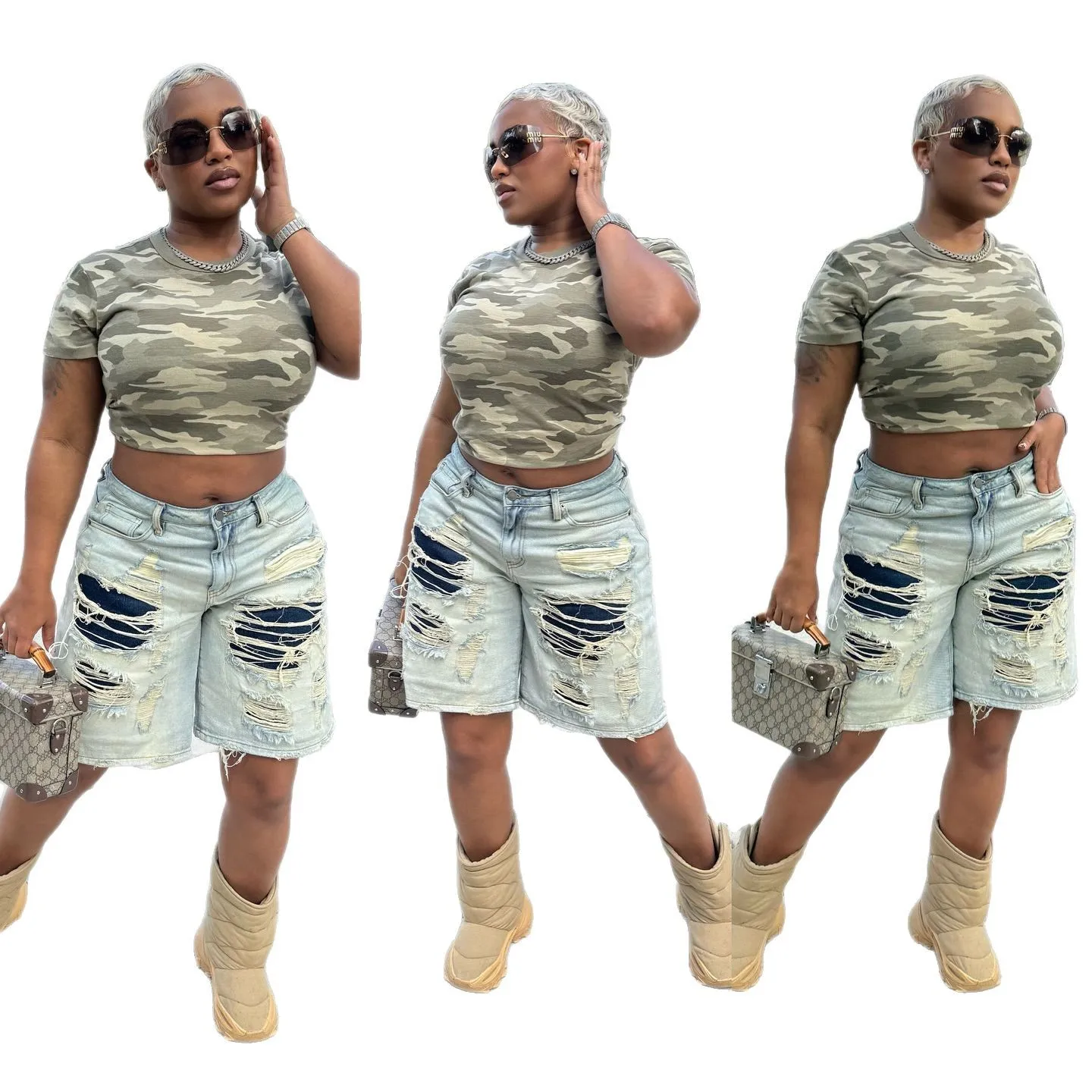 New Women's Fashion Street Style Trendy Washed Vintage Ripped Patchwork Five-Point Jeans